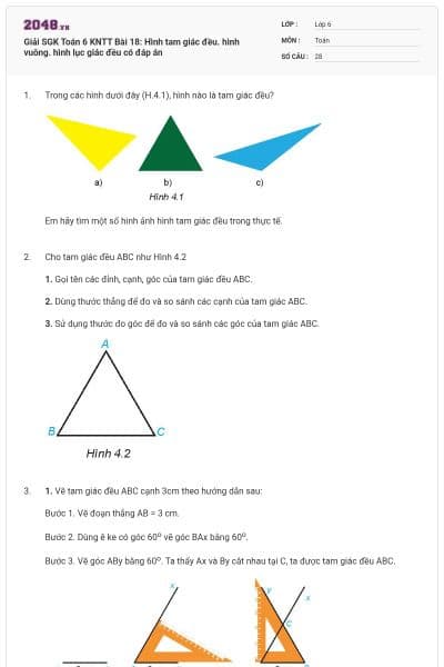 Giải SGK Toán 6 KNTT Bài 18: Hình tam giác đều. hình vuông. hình lục giác đều có đáp án