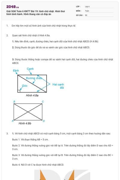 Giải SGK Toán 6 KNTT Bài 19: hình chữ nhật. Hình thoi hình bình hành. Hình thang cân có đáp án