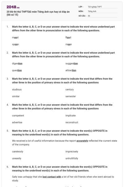 20 Đề thi thử THPTQG môn Tiếng Anh cực hay có đáp án (Đề số 15)