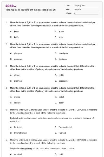 Tổng hợp đề thi thử tiếng anh thpt quốc gia (Đề số 29)