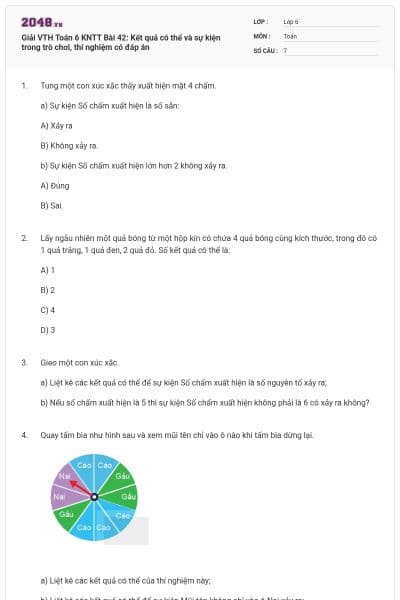 Giải VTH Toán 6 KNTT Bài 42: Kết quả có thể và sự kiện trong trò chơi, thí nghiệm có đáp án