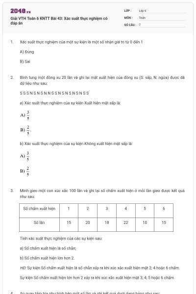Giải VTH Toán 6 KNTT Bài 43: Xác suất thực nghiệm có đáp án