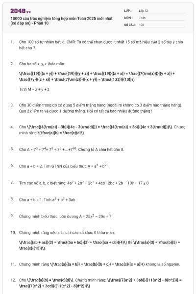 10000 câu trắc nghiệm tổng hợp môn Toán 2025 mới nhất (có đáp án) - Phần 10