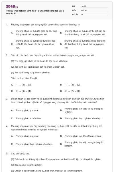10 câu Trắc nghiệm Sinh học 10 Chân trời sáng tạo Bài 2 có đáp án