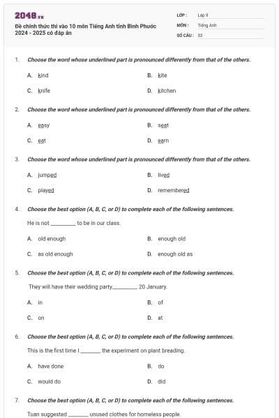 Đề chính thức thi vào 10 môn Tiếng Anh tỉnh Bình Phước 2024 - 2025 có đáp án