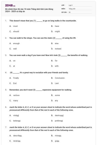 Đề chính thức thi vào 10 môn Tiếng Anh tỉnh Lâm Đồng 2024 - 2025 có đáp án
