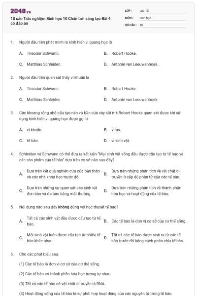 10 câu Trắc nghiệm Sinh học 10 Chân trời sáng tạo Bài 4 có đáp án