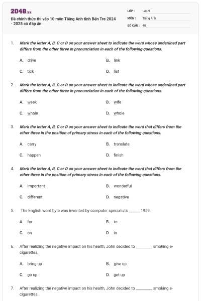 Đề chính thức thi vào 10 môn Tiếng Anh tỉnh Bến Tre 2024 - 2025 có đáp án
