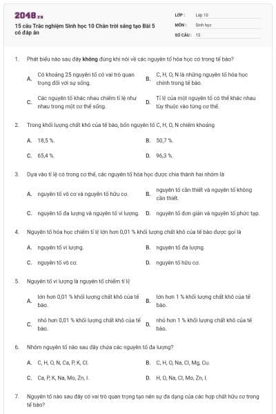 15 câu Trắc nghiệm Sinh học 10 Chân trời sáng tạo Bài 5 có đáp án