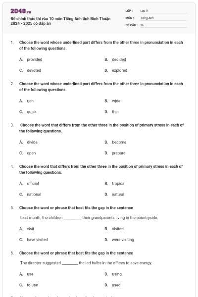 Đề chính thức thi vào 10 môn Tiếng Anh tỉnh Bình Thuận 2024 - 2025 có đáp án