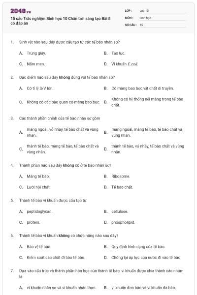 15 câu Trắc nghiệm Sinh học 10 Chân trời sáng tạo Bài 8 có đáp án
