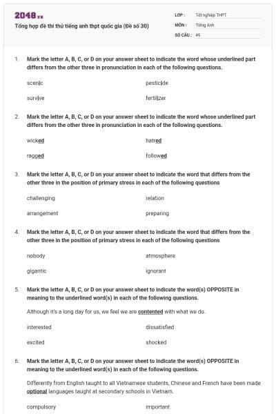 Tổng hợp đề thi thử tiếng anh thpt quốc gia (Đề số 30)