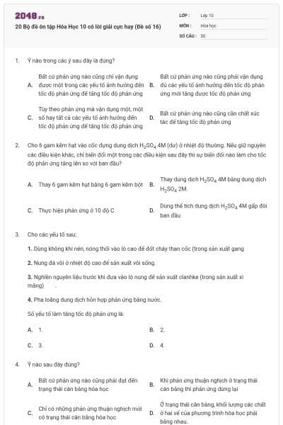20 Bộ đề ôn tập Hóa Học 10 có lời giải cực hay (Đề số 16)