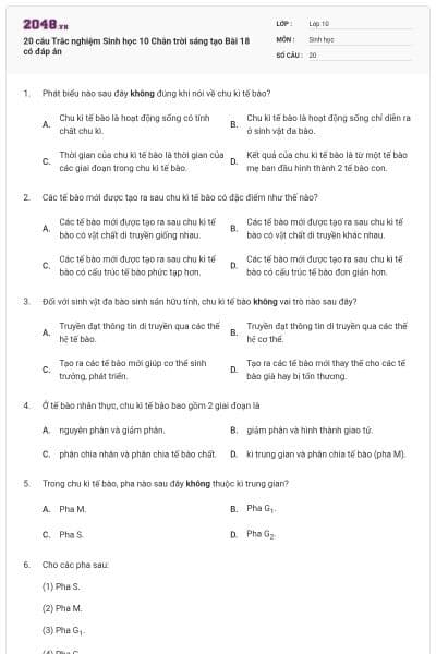 20 câu Trắc nghiệm Sinh học 10 Chân trời sáng tạo Bài 18 có đáp án