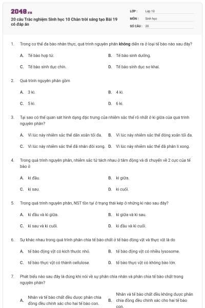 20 câu Trắc nghiệm Sinh học 10 Chân trời sáng tạo Bài 19 có đáp án