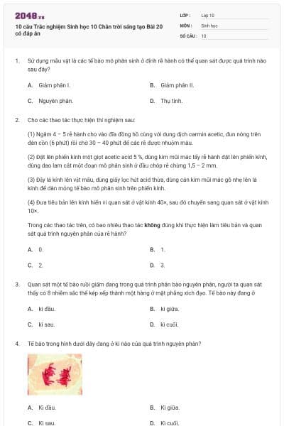 10 câu Trắc nghiệm Sinh học 10 Chân trời sáng tạo Bài 20 có đáp án