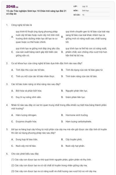 15 câu Trắc nghiệm Sinh học 10 Chân trời sáng tạo Bài 21 có đáp án
