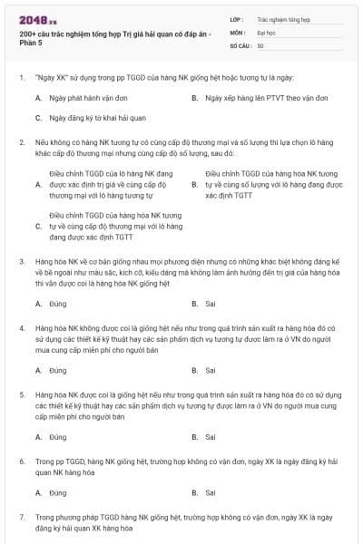 200+ câu trắc nghiệm tổng hợp Trị giá hải quan có đáp án - Phần 5