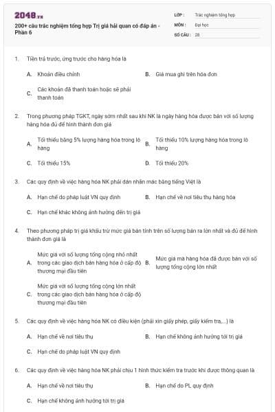 200+ câu trắc nghiệm tổng hợp Trị giá hải quan có đáp án - Phần 6