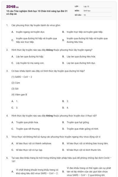 10 câu Trắc nghiệm Sinh học 10 Chân trời sáng tạo Bài 31 có đáp án