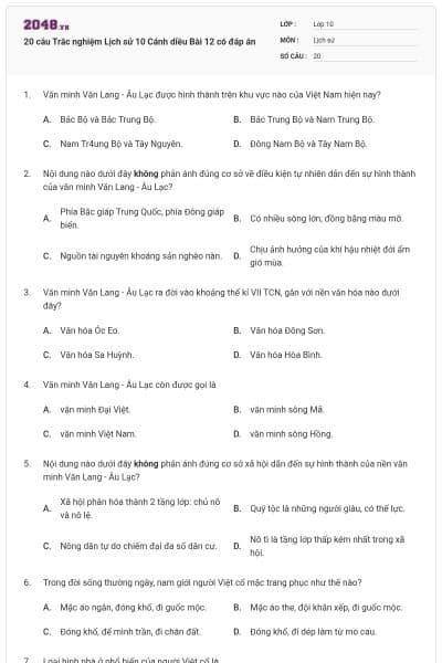 20 câu Trắc nghiệm Lịch sử 10 Cánh diều Bài 12 có đáp án