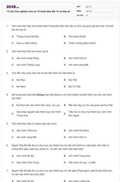 15 câu Trắc nghiệm Lịch sử 10 Cánh diều Bài 14 có đáp án