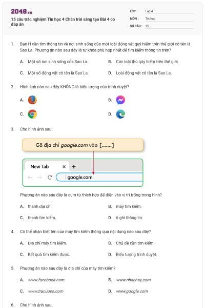 15 câu trắc nghiệm Tin học 4 Chân trời sáng tạo Bài 4 có đáp án