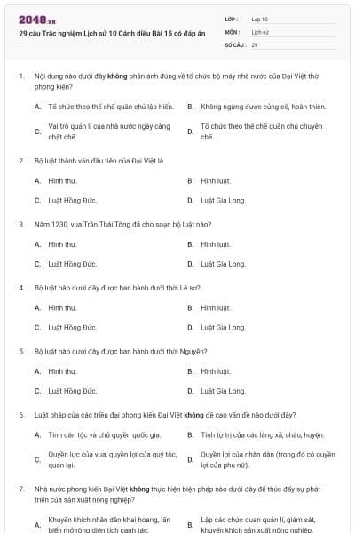 29 câu Trắc nghiệm Lịch sử 10 Cánh diều Bài 15 có đáp án