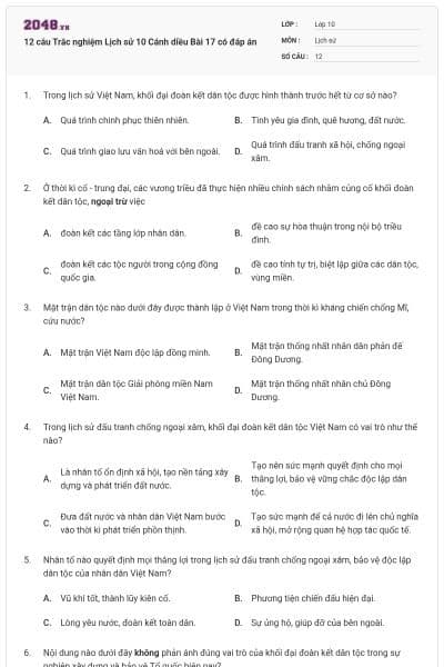12 câu Trắc nghiệm Lịch sử 10 Cánh diều Bài 17 có đáp án