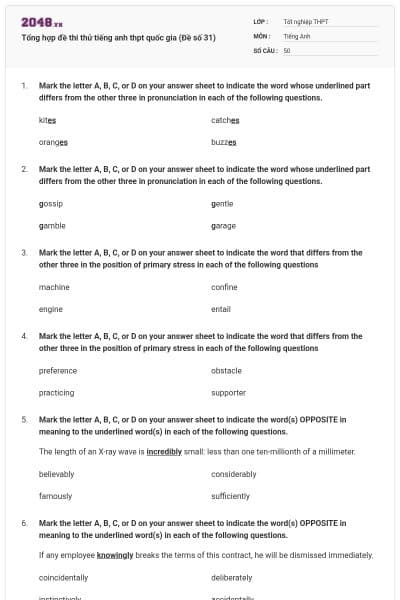 Tổng hợp đề thi thử tiếng anh thpt quốc gia (Đề số 31)