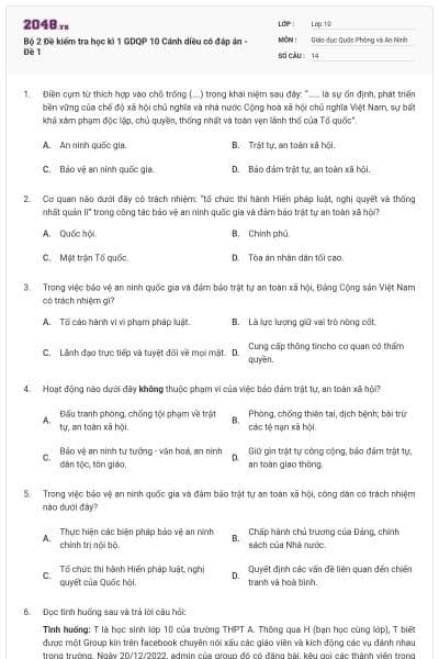 Bộ 2 Đề kiểm tra học kì 1 GDQP 10 Cánh diều có đáp án - Đề 1