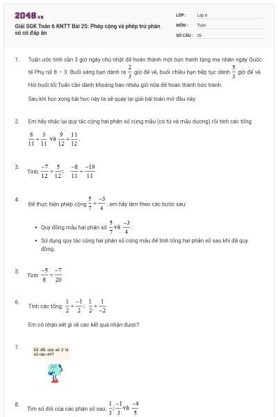 Giải SGK Toán 6 KNTT Bài 25: Phép cộng và phép trừ phân số có đáp án