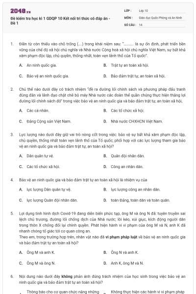 Đề kiểm tra học kì 1 GDQP 10 Kết nối tri thức có đáp án - Đề 1