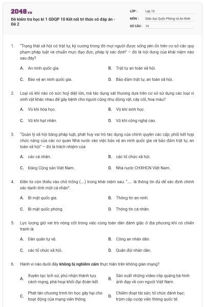 Đề kiểm tra học kì 1 GDQP 10 Kết nối tri thức có đáp án - Đề 2