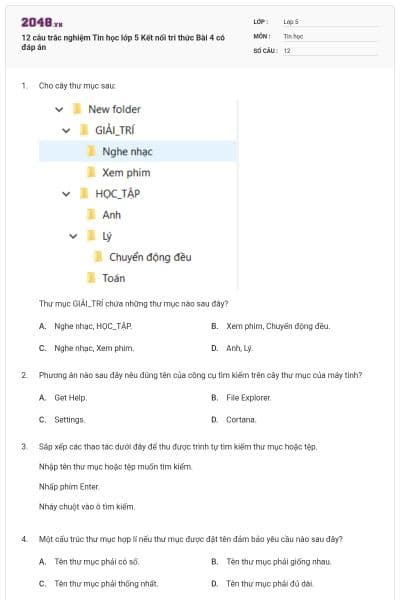 12 câu trắc nghiệm Tin học lớp 5 Kết nối tri thức Bài 4 có đáp án