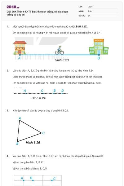 Giải SGK Toán 6 KNTT Bài 34: Đoạn thẳng. Độ dài đoạn thẳng có đáp án