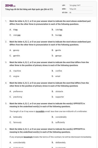 Tổng hợp đề thi thử tiếng anh thpt quốc gia (Đề số 31)