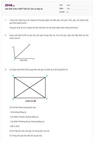 Giải SGK Toán 6 KNTT Bài 36: Góc có đáp án