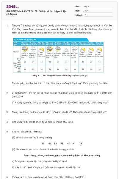 Giải SGK Toán 6 KNTT Bài 38: Dữ liệu và thu thập dữ liệu có đáp án