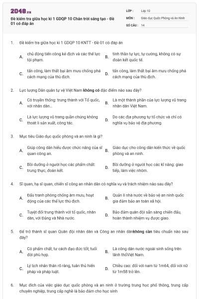 Đề kiểm tra giữa học kì 1 GDQP 10 Chân trời sáng tạo - Đề 01 có đáp án