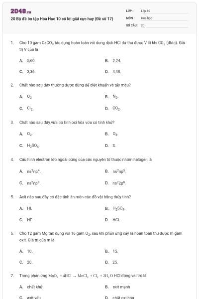 20 Bộ đề ôn tập Hóa Học 10 có lời giải cực hay (Đề số 17)