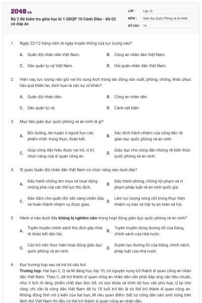 Bộ 2 Đề kiểm tra giữa học kì 1 GDQP 10 Cánh Diều - Đề 02 có đáp án