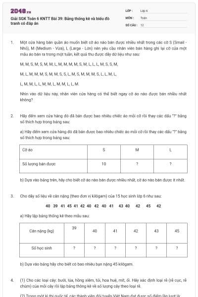 Giải SGK Toán 6 KNTT Bài 39: Bảng thống kê và biểu đồ tranh có đáp án