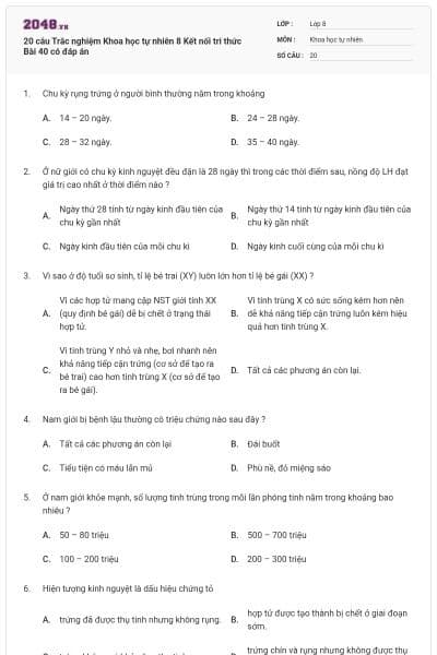 20 câu Trắc nghiệm Khoa học tự nhiên 8 Kết nối tri thức Bài 40 có đáp án