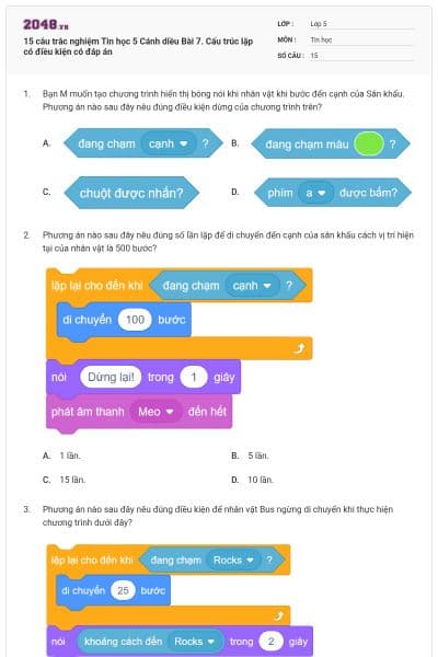 15 câu trắc nghiệm Tin học 5 Cánh diều Bài 7. Cấu trúc lặp có điều kiện có đáp án