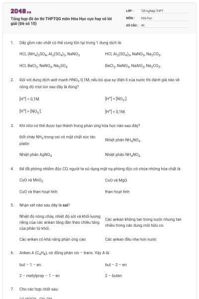Tổng hợp đề ôn thi THPTQG môn Hóa Học cực hay có lời giải (Đề số 10)