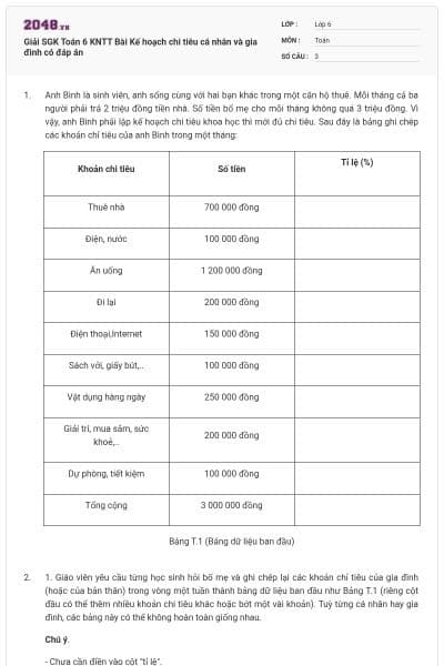 Giải SGK Toán 6 KNTT Bài Kế hoạch chi tiêu cá nhân và gia đình có đáp án