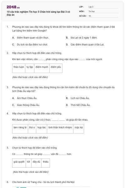 10 câu trắc nghiệm Tin học 5 Chân trời sáng tạo Bài 3 có đáp án