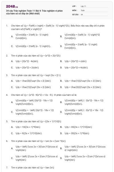 34 câu Trắc nghiệm Toán 11 Bài 4: Trắc nghiệm vi phân của hàm số có đáp án (Mới nhất)