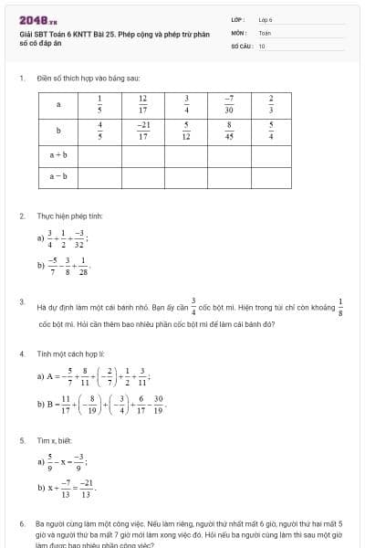 Giải SBT Toán 6 KNTT Bài 25. Phép cộng và phép trừ phân số có đáp án